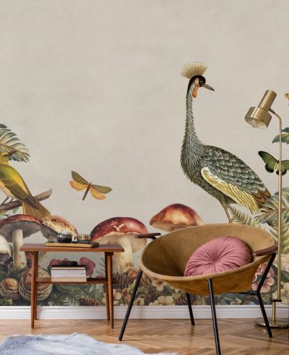 anpassningsbar svamp tapetväggmålning kallad Mushroom Forest Crane av Andrea Haase