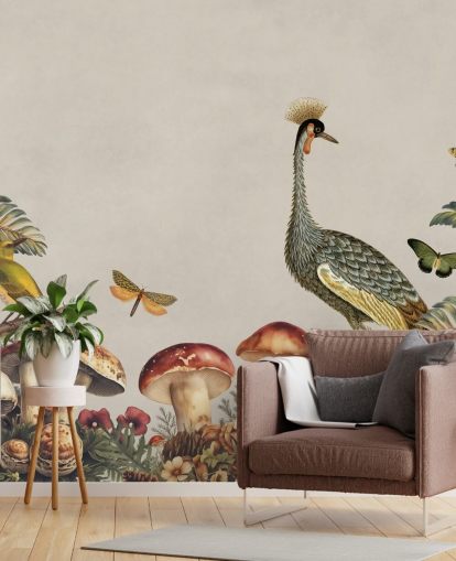 papier peint mural personnalisable en forme de champignons appelé Mushroom Forest Crane par Andrea Haase