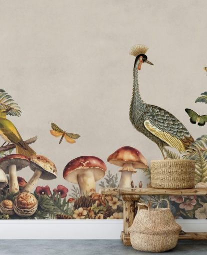 tilpassbart sopptapet veggmaleri kalt Mushroom Forest Crane av Andrea Haase
