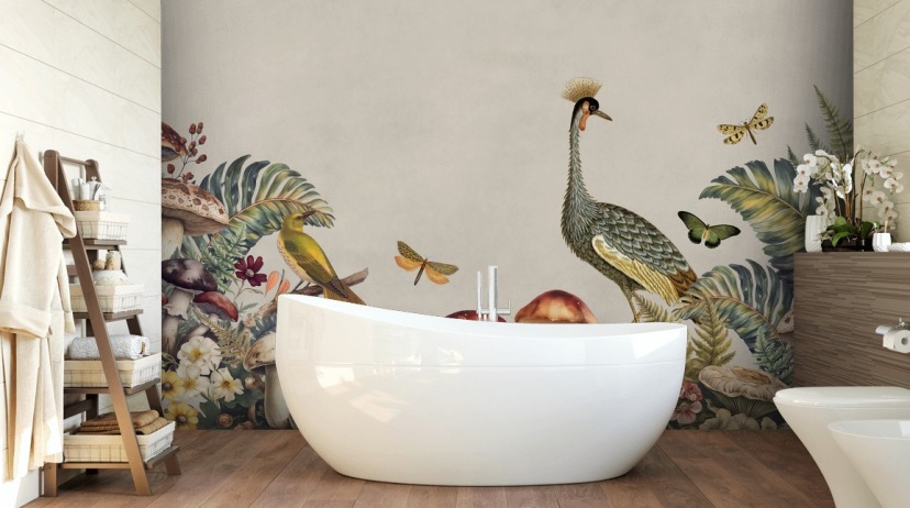 customisable mushroom wallpaper mural called Mushroom Forest Crane by Andrea Haase