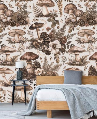 carta da parati murale personalizzabile a forma di fungo marrone chiamata Mushroom Woodland Neutral di Andrea Haase