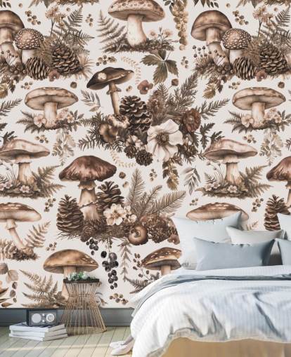 brunt tilpassbart sopptapet veggmaleri kalt Mushroom Woodland Neutral av Andrea Haase