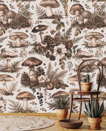 brunt tilpasseligt champignon tapetmaleri kaldet Mushroom Woodland Neutral af Andrea Haase