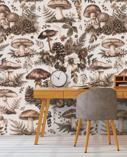 mural de papel pintado de hongos personalizable marrón llamado Mushroom Woodland Neutral de Andrea Haase