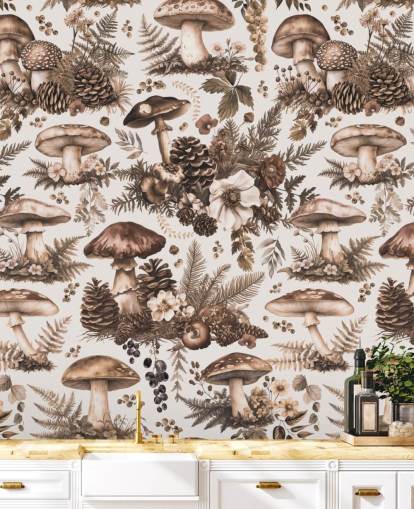 carta da parati murale personalizzabile a forma di fungo marrone chiamata Mushroom Woodland Neutral di Andrea Haase
