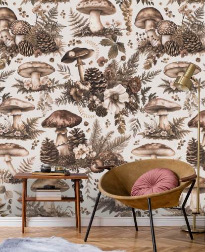 brown customizable mushroom wallpaper mural called Mushroom Woodland Neutral by Andrea Haase