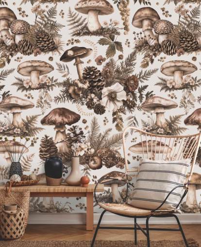 bruine aanpasbare paddenstoelbehangmuurschildering genaamd Mushroom Woodland Neutral van Andrea Haase bruine aanpasbare paddenstoelbehangmuurschildering genaamd Mushroom Woodland Neutral van Andrea Haase