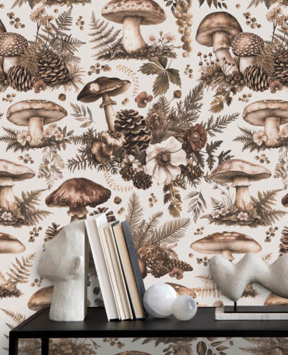 Braunes personalisierbares Pilz-Wandbild namens Mushroom Woodland Neutral von Andrea Haase