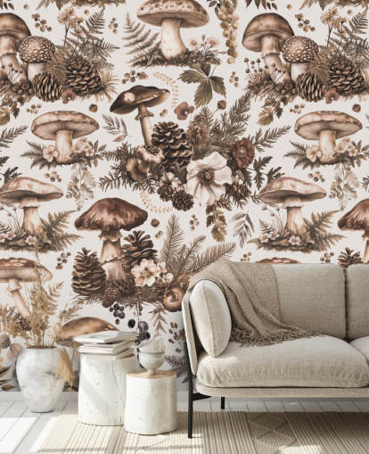 brunt tilpassbart sopptapet veggmaleri kalt Mushroom Woodland Neutral av Andrea Haase brunt tilpassbart sopptapet veggmaleri kalt Mushroom Woodland Neutral av Andrea Haase