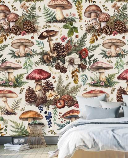 mural de papel de parede de cogumelos personalizável chamado Mushroom Woodland de Andrea Haase
