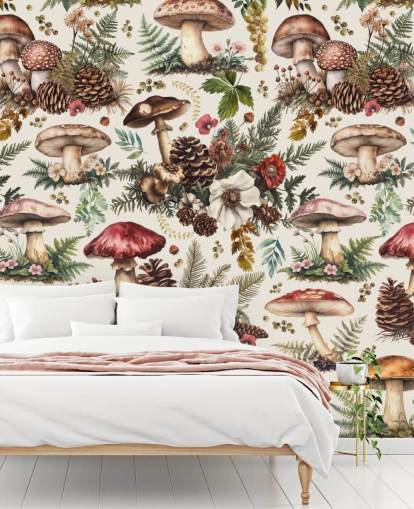 customisable mushroom wallpaper mural called Mushroom Woodland by Andrea Haase