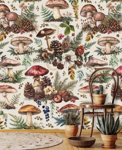 mural de papel pintado de hongos personalizable llamado Mushroom Woodland de Andrea Haase
