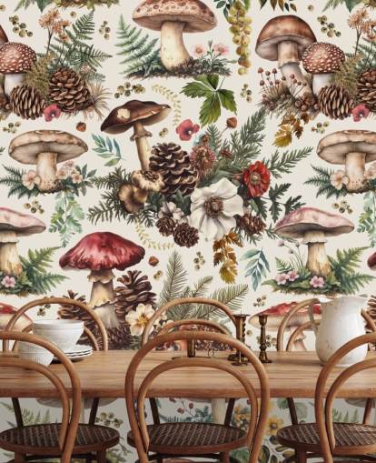 customizable mushroom wallpaper mural called Mushroom Woodland by Andrea Haase