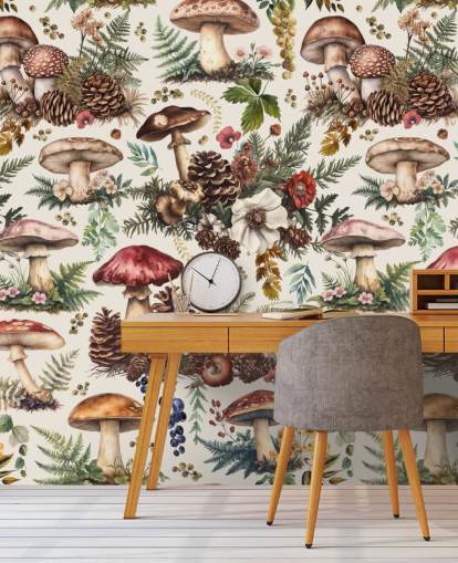 carta da parati murale personalizzabile con funghi chiamata Mushroom Woodland di Andrea Haase