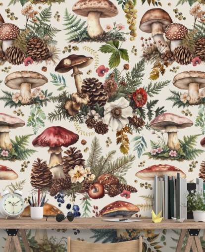 customizable mushroom wallpaper mural called Mushroom Woodland by Andrea Haase
