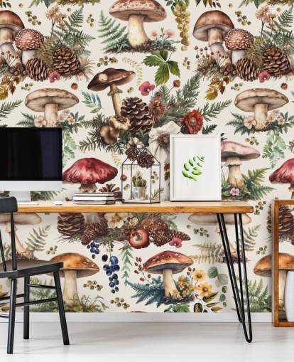 carta da parati murale personalizzabile con funghi chiamata Mushroom Woodland di Andrea Haase