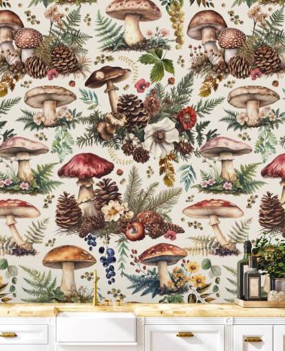 customizable mushroom wallpaper mural called Mushroom Woodland by Andrea Haase