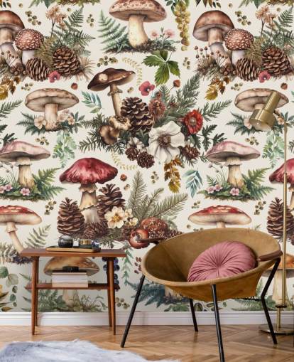 tilpassbart sopptapet veggmaleri kalt Mushroom Woodland av Andrea Haase