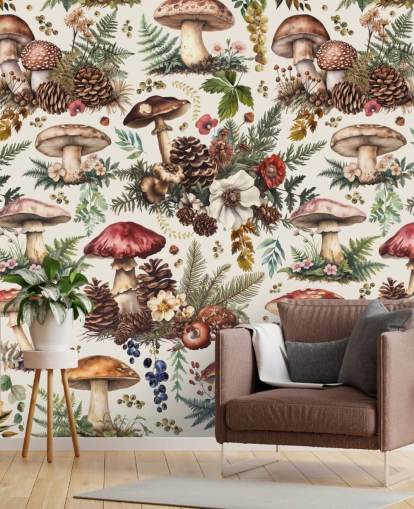 customisable mushroom wallpaper mural called Mushroom Woodland by Andrea Haase