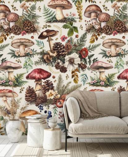 mural de papel pintado de hongos personalizable llamado Mushroom Woodland de Andrea Haase