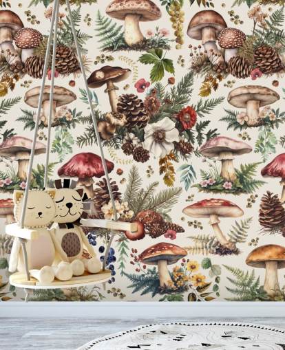 carta da parati murale personalizzabile con funghi chiamata Mushroom Woodland di Andrea Haase