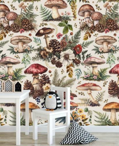 aanpasbare paddenstoelbehangmuurschildering genaamd Mushroom Woodland van Andrea Haase aanpasbare paddenstoelbehangmuurschildering genaamd Mushroom Woodland van Andrea Haase