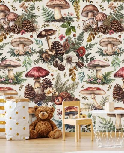 papier peint mural personnalisable en forme de champignons appelé Mushroom Woodland par Andrea Haase