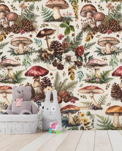 mural de papel de parede de cogumelos personalizável chamado Mushroom Woodland de Andrea Haase