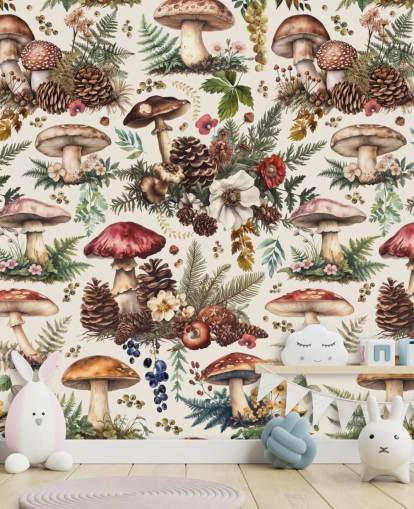 mural de papel pintado de hongos personalizable llamado Mushroom Woodland de Andrea Haase