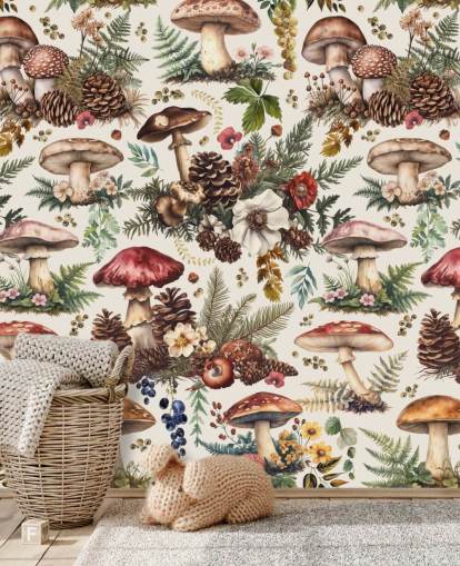 papier peint mural personnalisable en forme de champignons appelé Mushroom Woodland par Andrea Haase