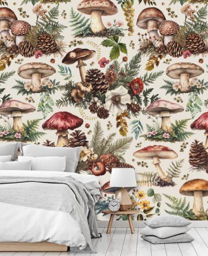 tilpassbart sopptapet veggmaleri kalt Mushroom Woodland av Andrea Haase