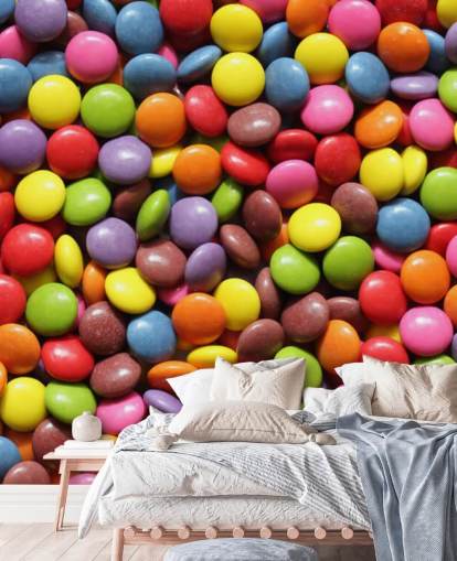 sateenkaaren värinen suklaatapetti seinämaalaus nimeltä Colourful Sweets lasten makuuhuoneisiin, makeisliikkeisiin ja yrityksiin