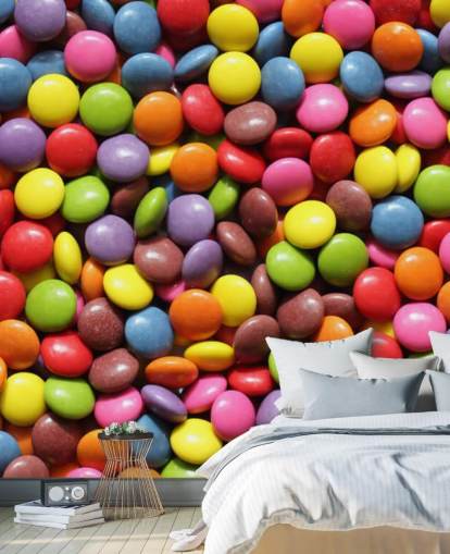 rainbow colored chocolates wallpaper mural called Colorful Sweets for kids bedrooms, sweet shops and businesses