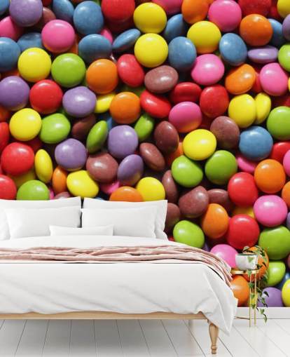 regnbuefarget sjokolade tapet veggmaleri kalt Colourful Sweets for barnerom, søtbutikker og bedrifter regnbuefarget sjokolade tapet veggmaleri kalt Colourful Sweets for barnerom, søtbutikker og bedrifter