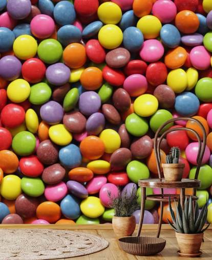 rainbow coloured chocolates wallpaper mural called Colourful Sweets for kids bedrooms, sweet shops and businesses
