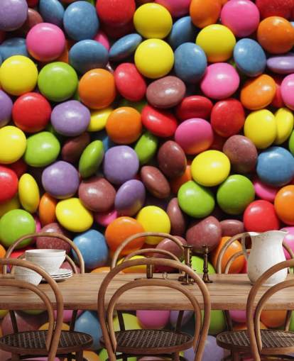 rainbow coloured chocolates wallpaper mural called Colourful Sweets for kids bedrooms, sweet shops and businesses
