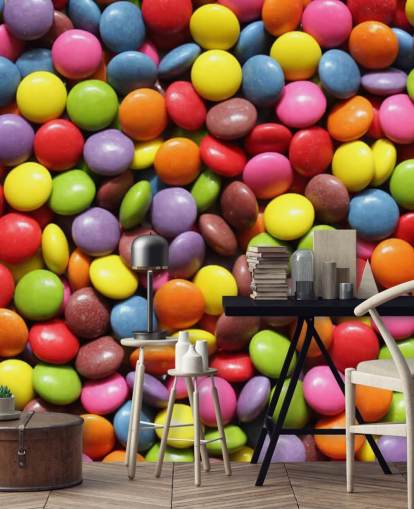 rainbow coloured chocolates wallpaper mural called Colourful Sweets for kids bedrooms, sweet shops and businesses