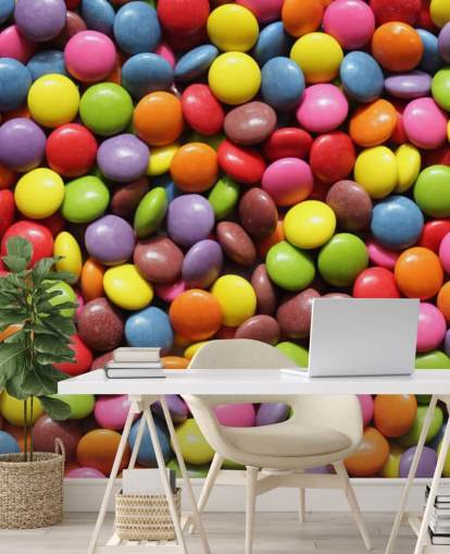 regenboogkleurige chocolaatjes muurschildering genaamd Colourful Sweets voor kinderkamers, snoepwinkels en bedrijven