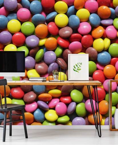 rainbow coloured chocolates wallpaper mural called Colourful Sweets for kids bedrooms, sweet shops and businesses
