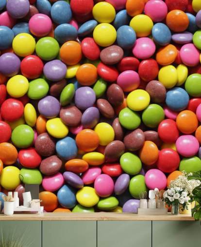 rainbow colored chocolates wallpaper mural called Colorful Sweets for kids bedrooms, sweet shops and businesses