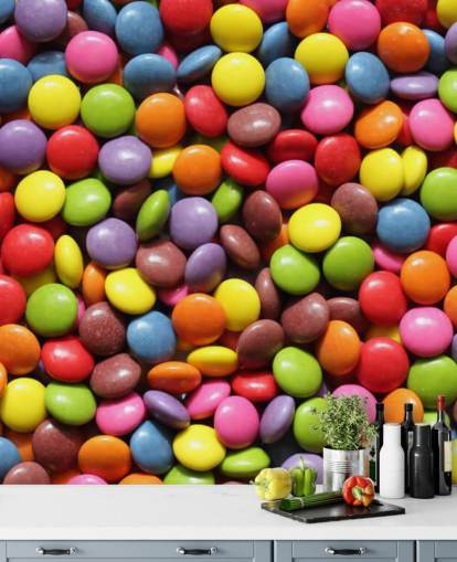 rainbow colored chocolates wallpaper mural called Colorful Sweets for kids bedrooms, sweet shops and businesses