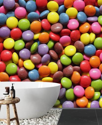 rainbow colored chocolates wallpaper mural called Colorful Sweets for kids bedrooms, sweet shops and businesses