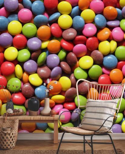 rainbow coloured chocolates wallpaper mural called Colourful Sweets for kids bedrooms, sweet shops and businesses