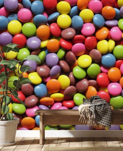 mural de papel pintado de chocolates de colores arcoíris llamado Colourful Sweets para dormitorios de niños, tiendas de dulces y negocios