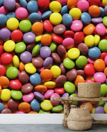 rainbow colored chocolates wallpaper mural called Colorful Sweets for kids bedrooms, sweet shops and businesses