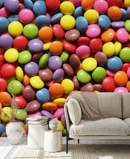 regenboogkleurige chocolaatjes muurschildering genaamd Colourful Sweets voor kinderkamers, snoepwinkels en bedrijven