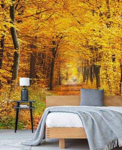 mural de papel pintado de un bosque amarillo y naranja llamado Bosque de otoño con hojas amarillas para salones, oficinas en casa y dormitorios