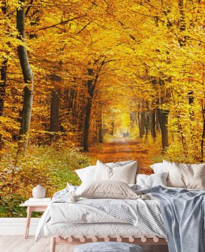 yellow and orange woodland wallpaper mural called Autumn Forest with Yellow Leaves for lounges, home offices and bedrooms