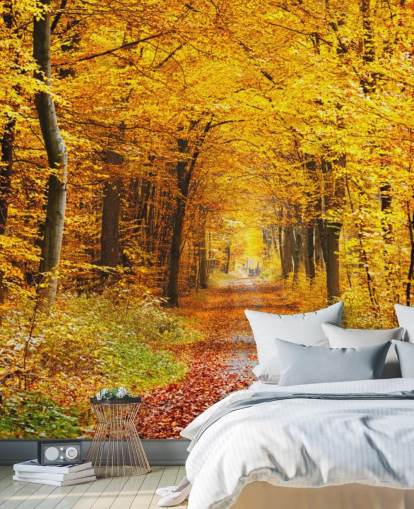 mural de papel pintado de un bosque amarillo y naranja llamado Bosque de otoño con hojas amarillas para salones, oficinas en casa y dormitorios