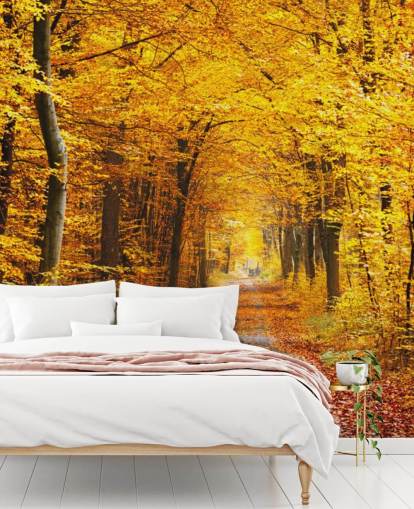 papier peint mural de bois jaune et orange appelé Autumn Forest with Yellow Leaves pour les salons, les bureaux à domicile et les chambres